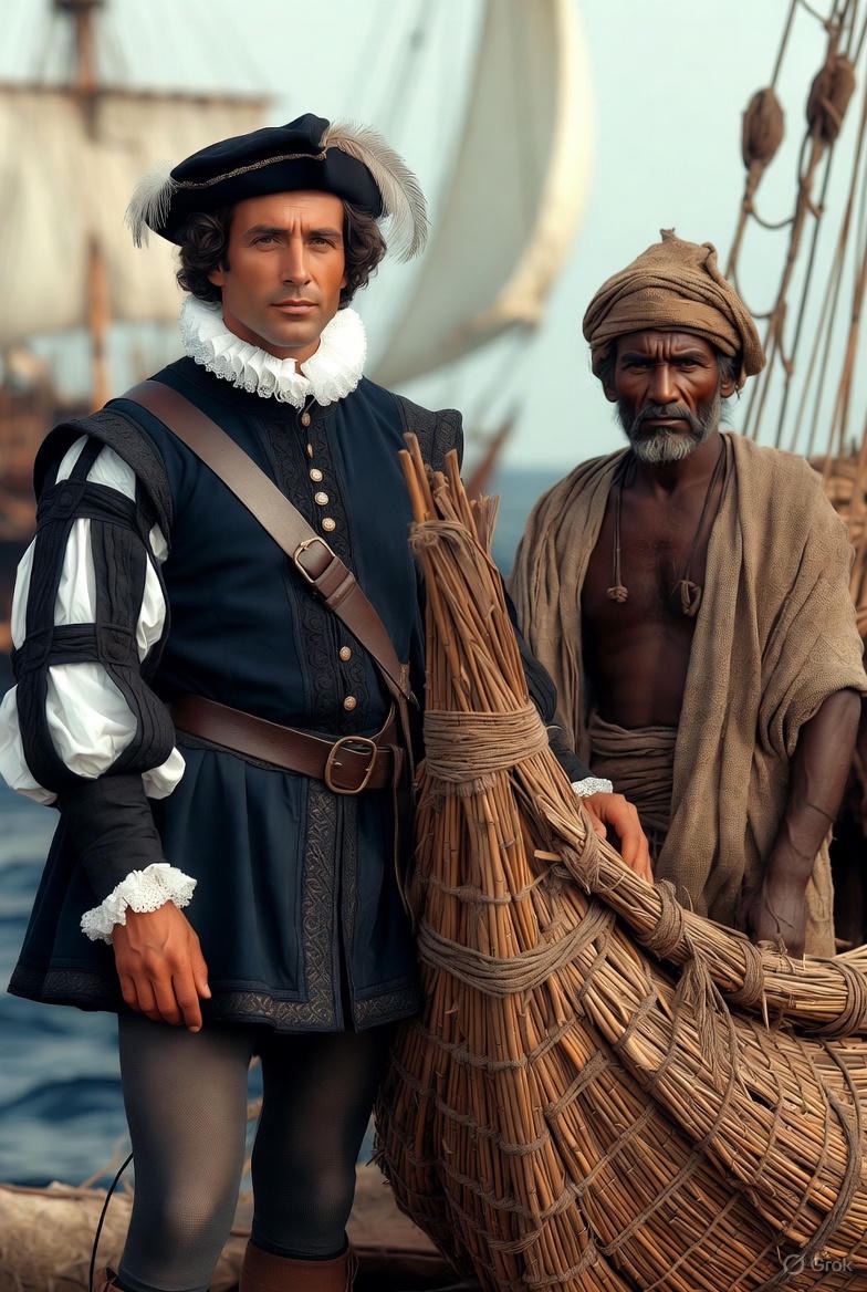 Christopher Columbus and Mesopotamian pioneer with reed boat - Maritime heritage spanning millennia